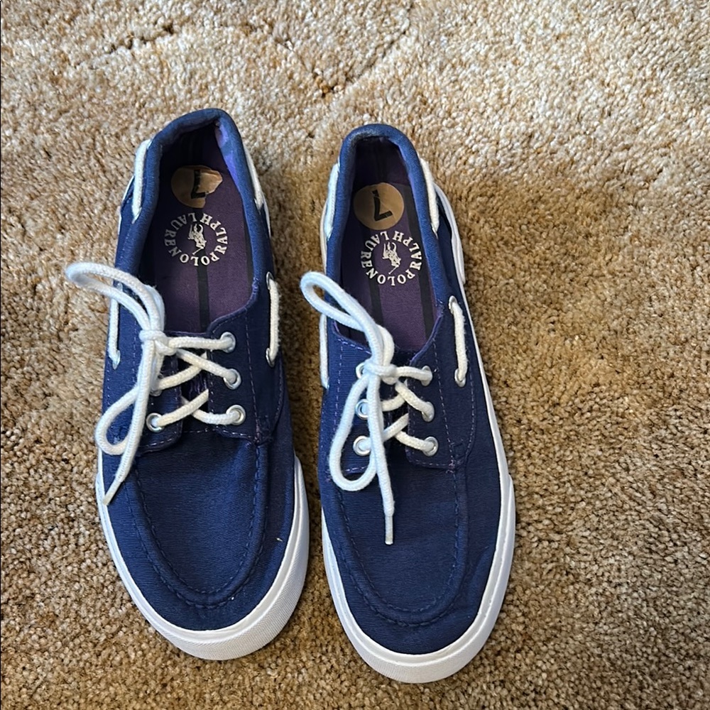Ralph Lauren polo navy blue sneakers white laces & sole very slight wear size 7